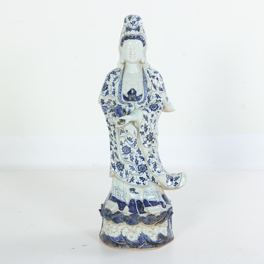 Chinese Guanyin Blue and White Hand-Painted Ceramic Figurine