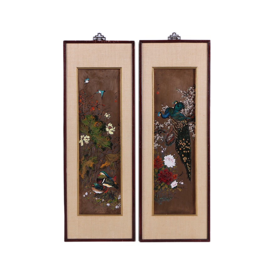 Chinese Enamel Paintings on Copper of Birds and Blooms