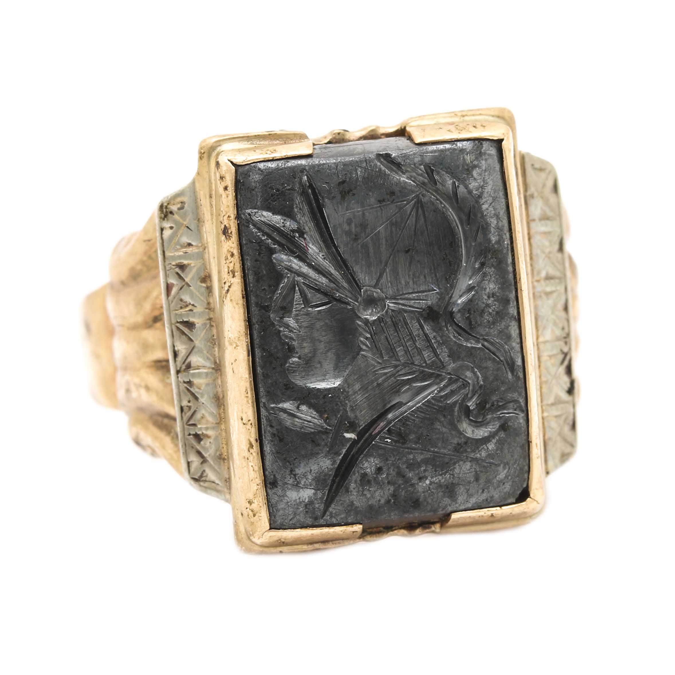 10K Yellow Gold Carved Hematite Ring