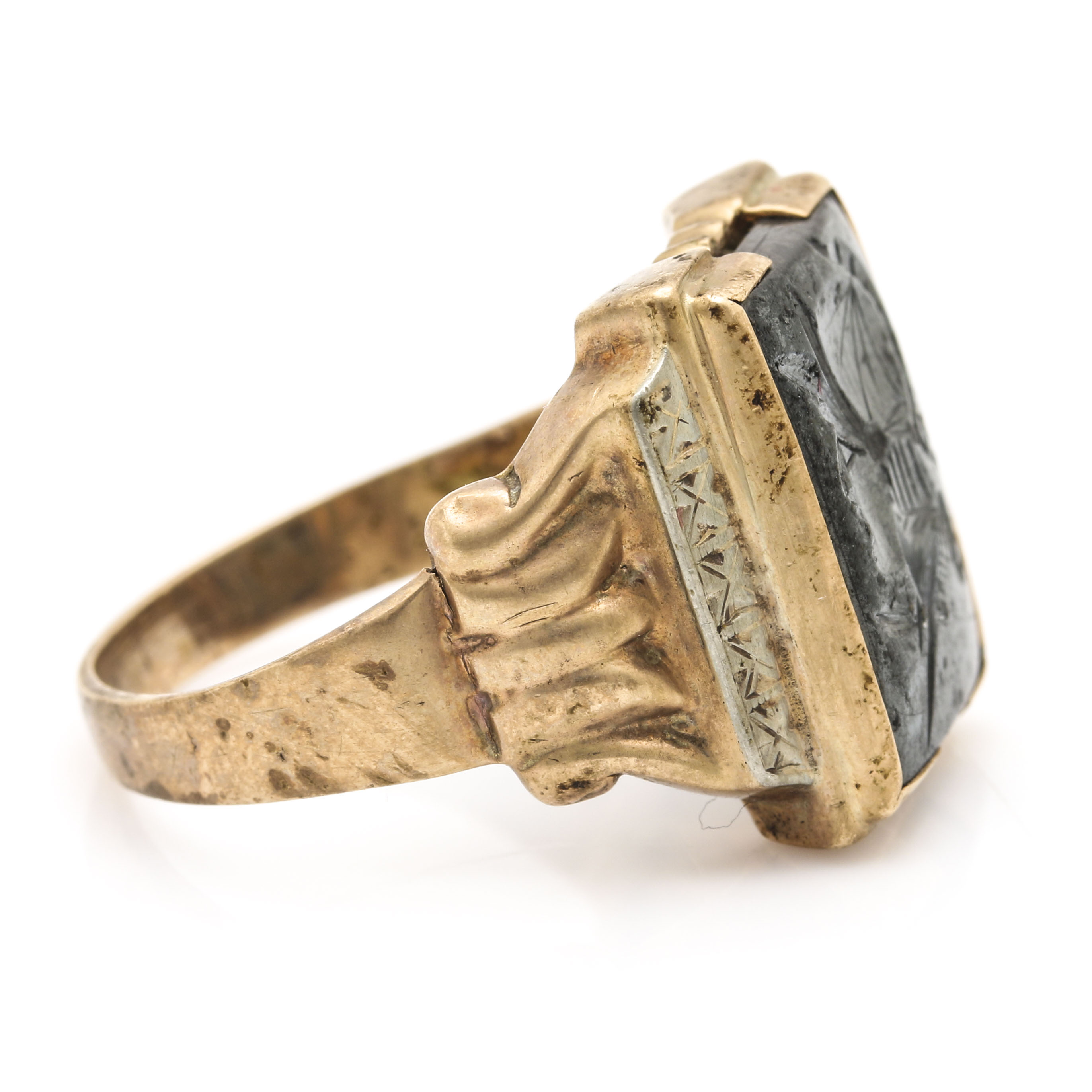 10K Yellow Gold Carved Hematite Ring