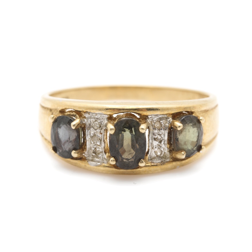 14K Yellow Gold Color Change Sapphire and Diamond Ring