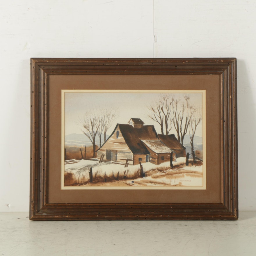 E.D. Staggs Watercolor and Gouache Painting on Paper of Winter Landscape