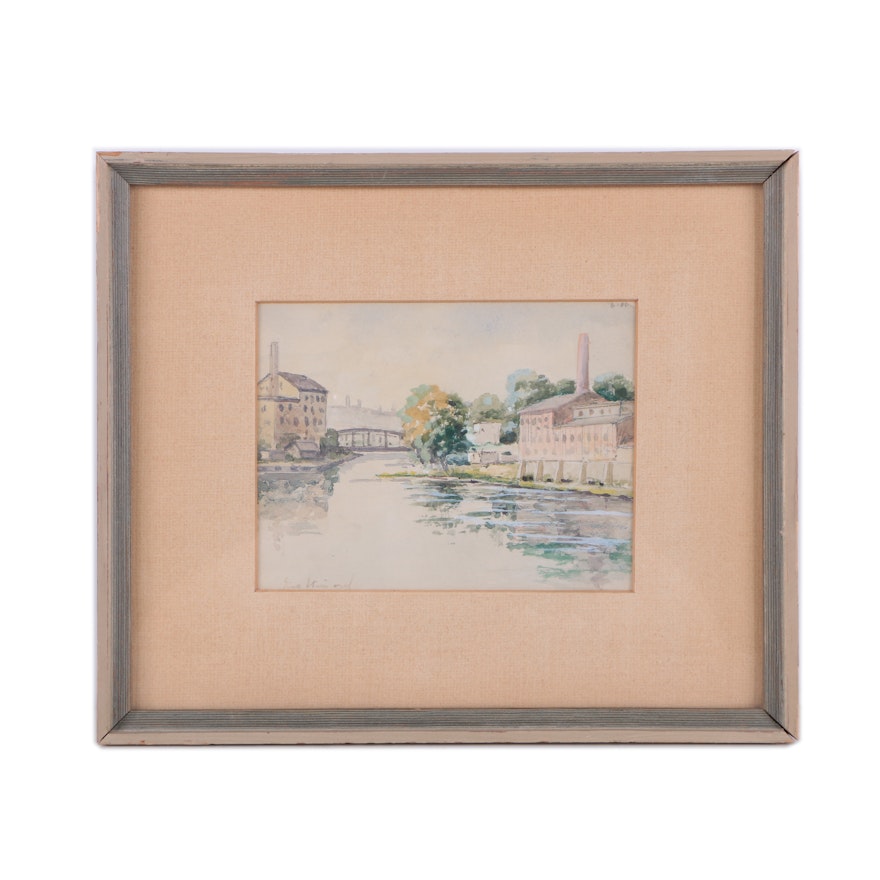 Mid-Century Watercolor Painting on Paper of River Landscape with Factory