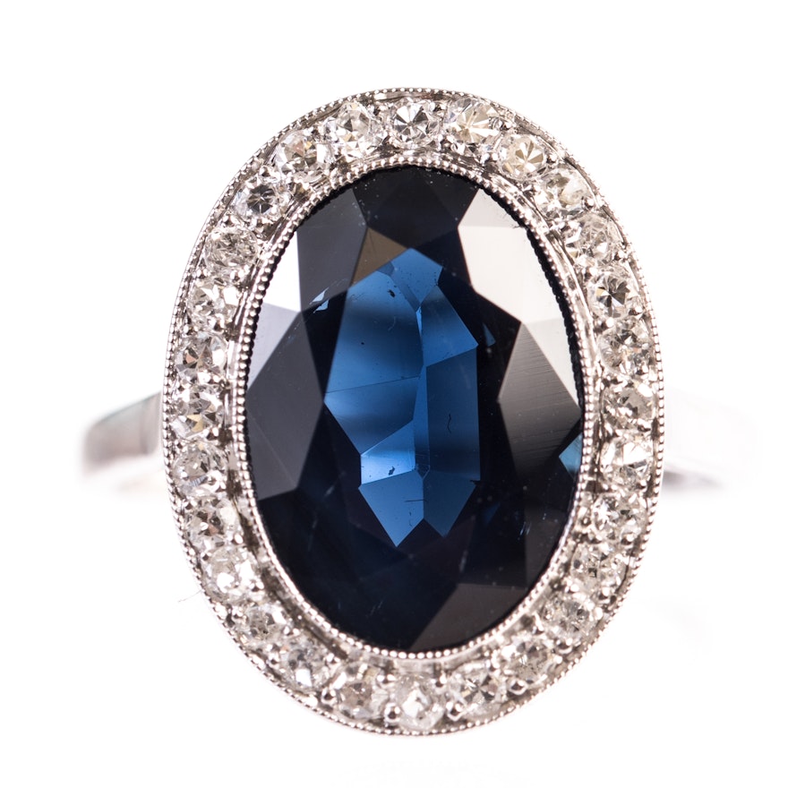 Platinum, 4.35 CT Sapphire, and Diamond Halo Ring