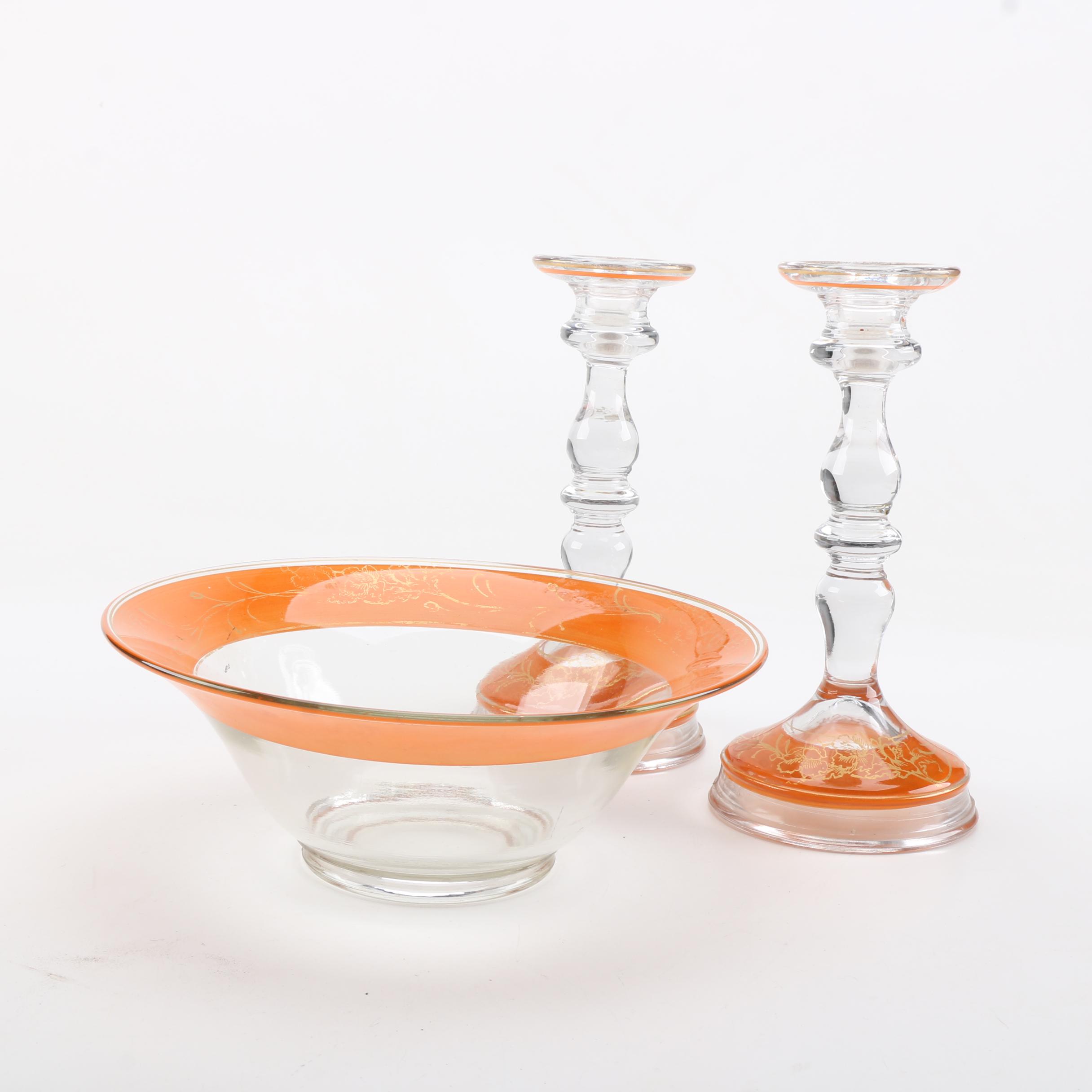 Vintage Gilt Glass Candlesticks and Serving Bowl