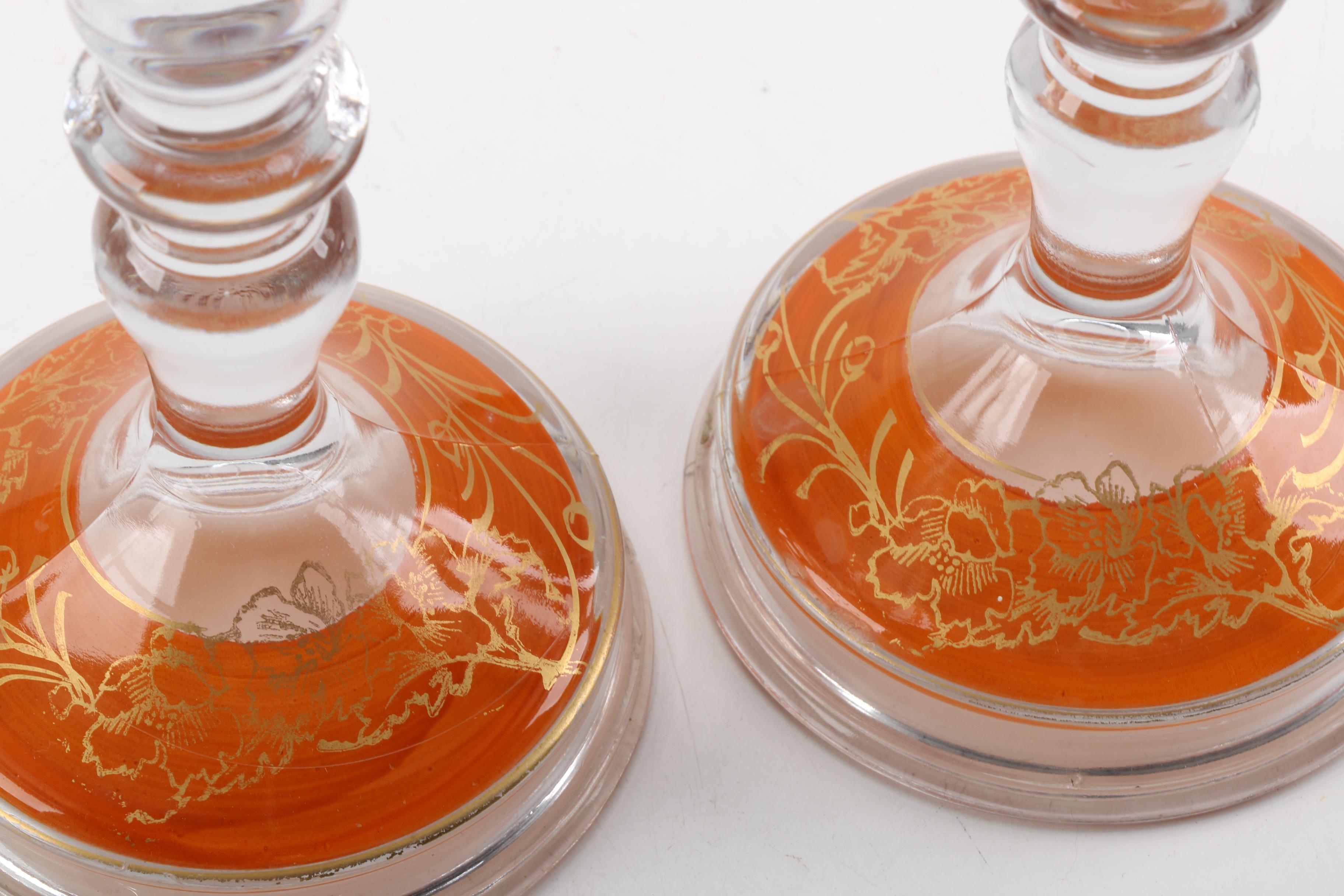 Vintage Gilt Glass Candlesticks and Serving Bowl