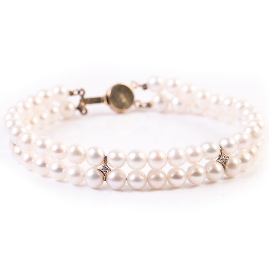 14K Yellow Gold and Pearl Bracelet with Diamond Stations