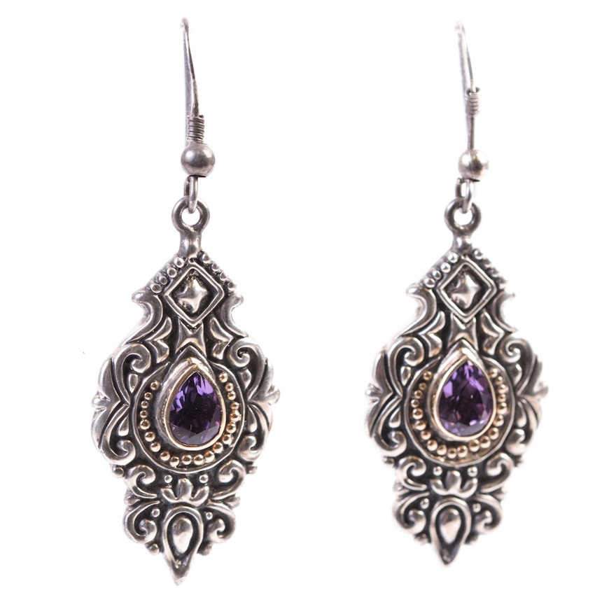 Sterling Silver, 18K Yellow Gold, and 1.20 CTW Amethyst Dangle Earrings