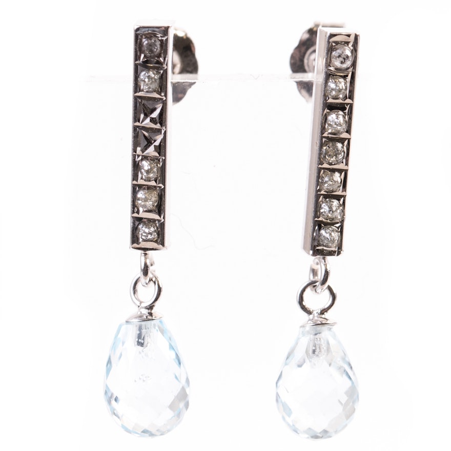 14K White Gold, Blue Topaz, and Diamond Dangle Earrings