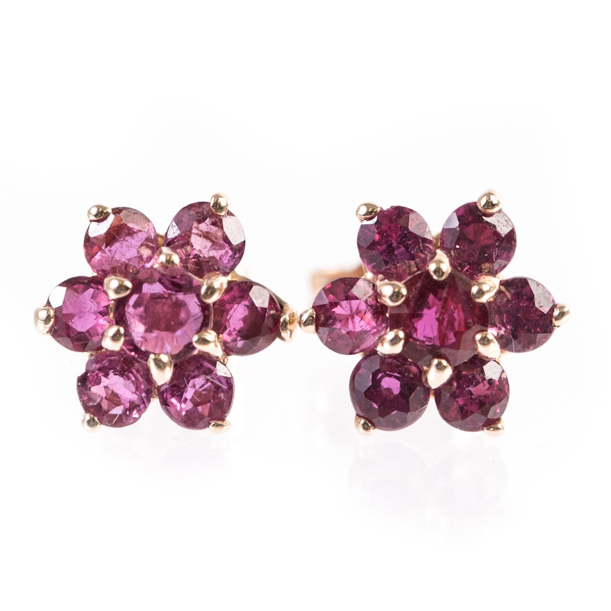 14K Yellow Gold and 1.38 CTW Ruby Flower Stud Earrings