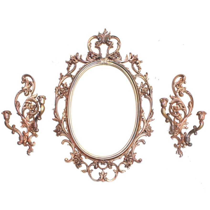 Vintage Rococo Style Wall Mirror and Sconces by Syroco