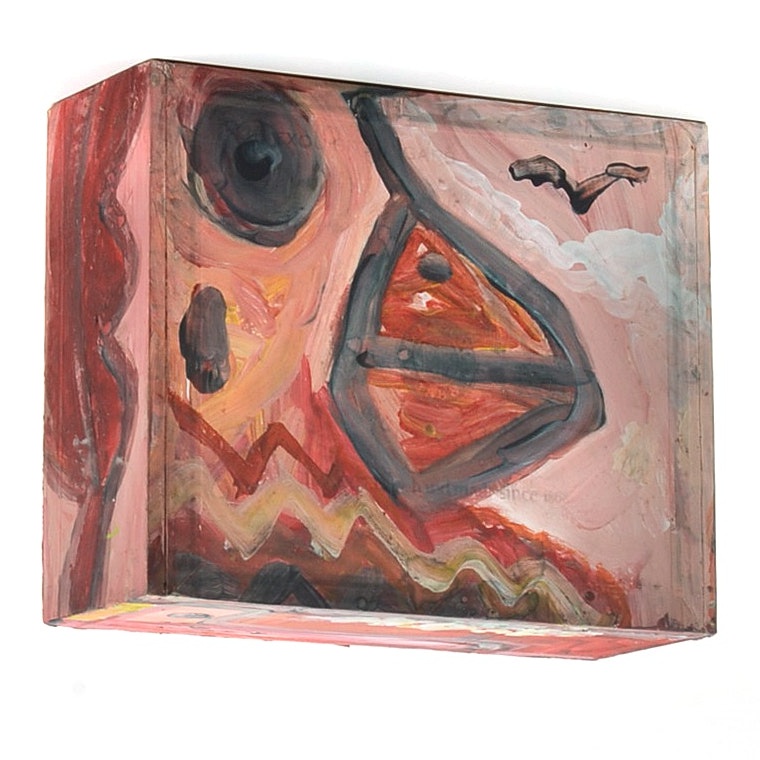 Robert Wright Folk Art Gouache Painting on a Cigar Box