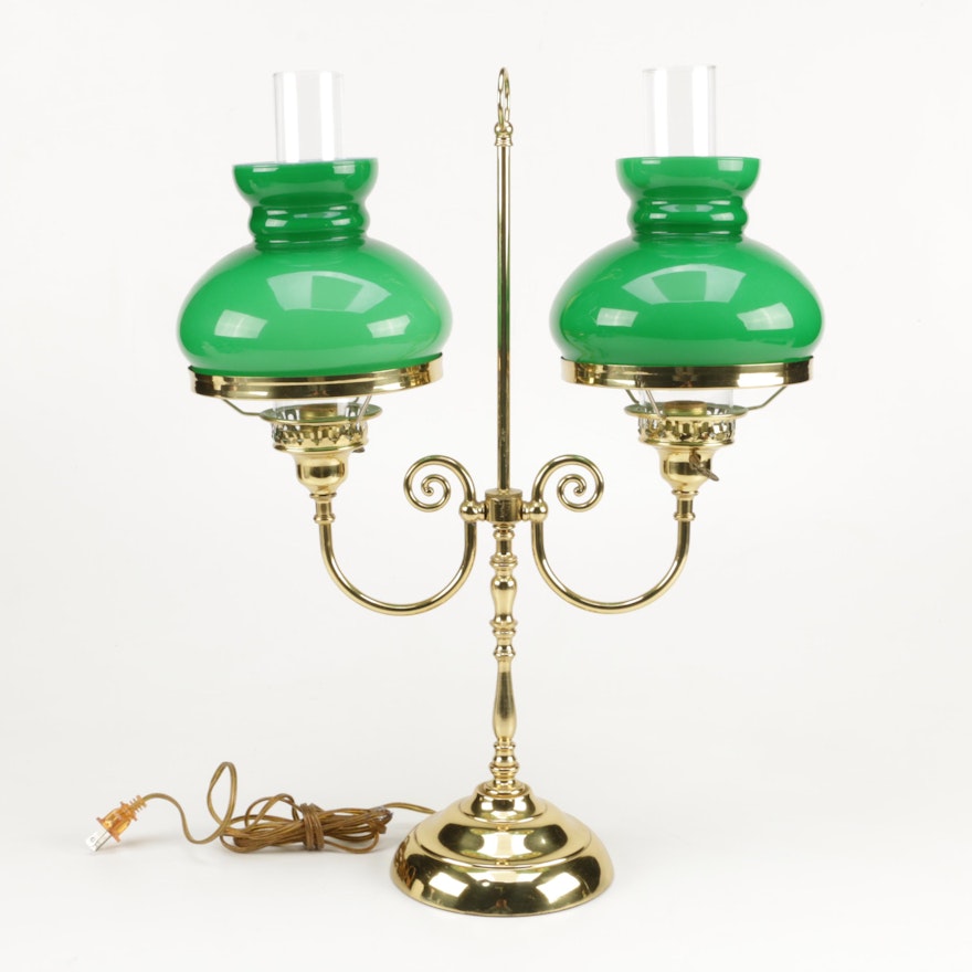 Double Brass Student Lamp with Glass Shades