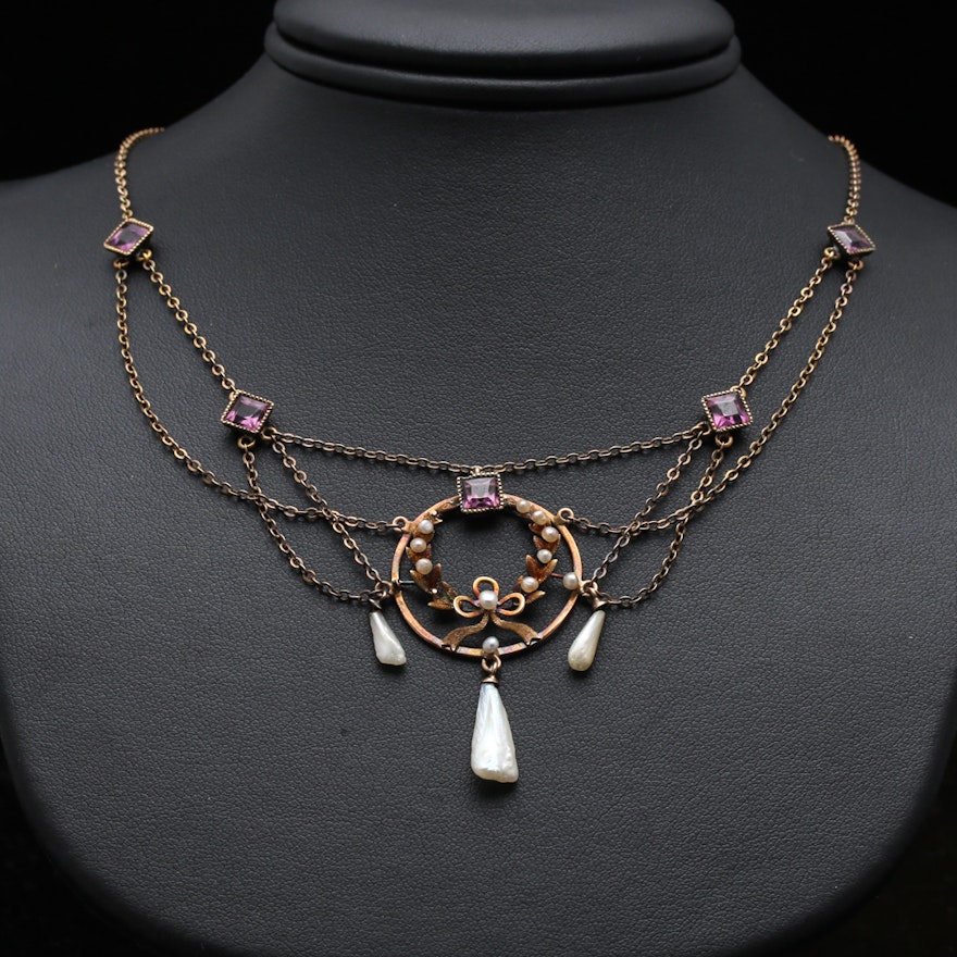 Late Victorian 10K Gold Garnet, Seed Pearl and Dog Tooth Pearl Festoon Necklace