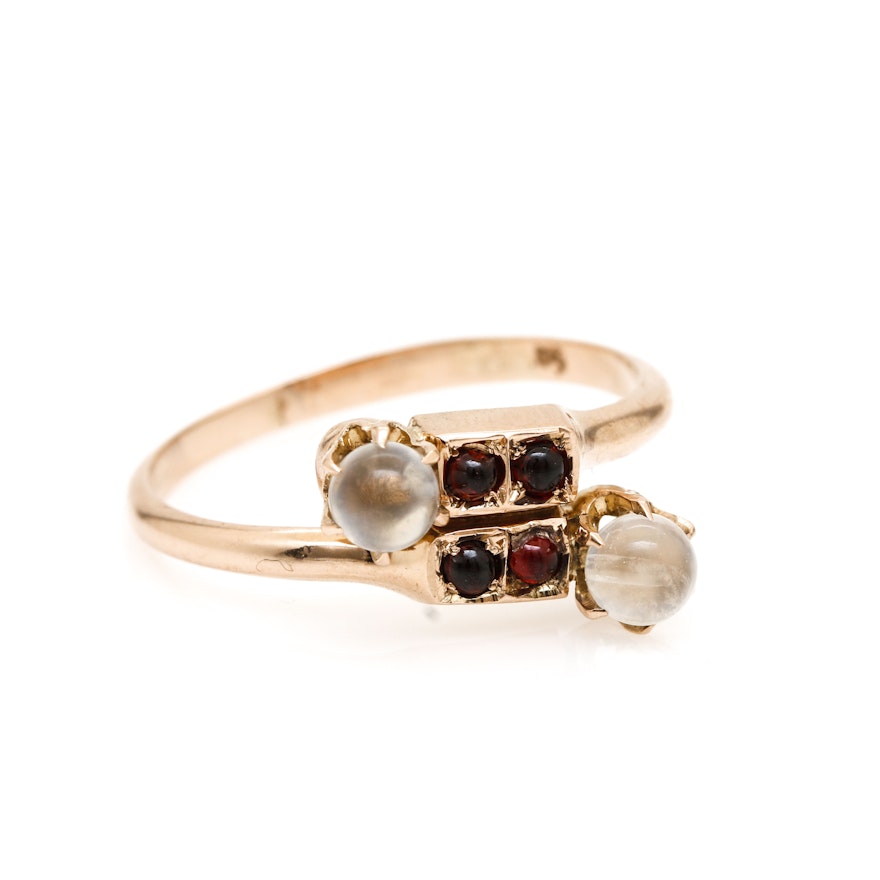 Victorian Style 14K Rose Gold Moonstone and Garnet Bypass Ring