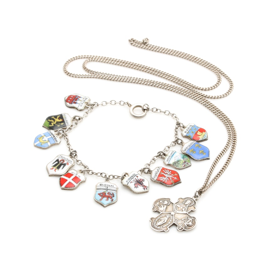Sterling Silver Necklace and Charm Bracelet Including 800 Silver Charms