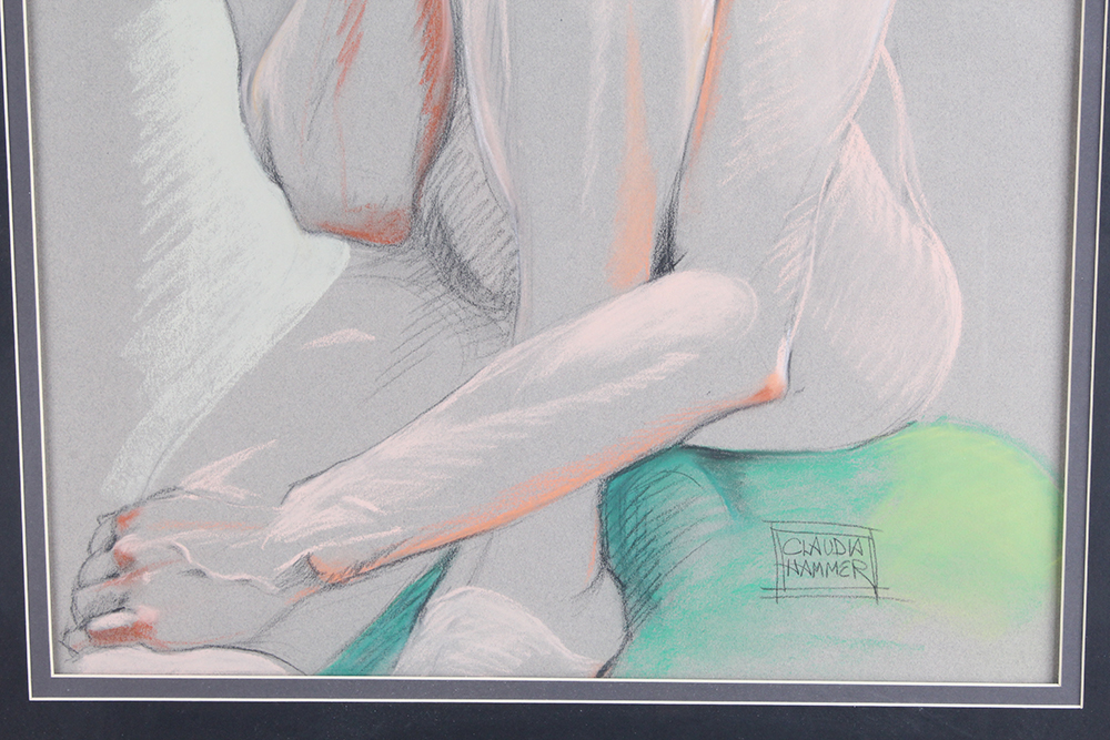 Claudia Hammer Pastel Drawing of Female Nude "Green Cushion"