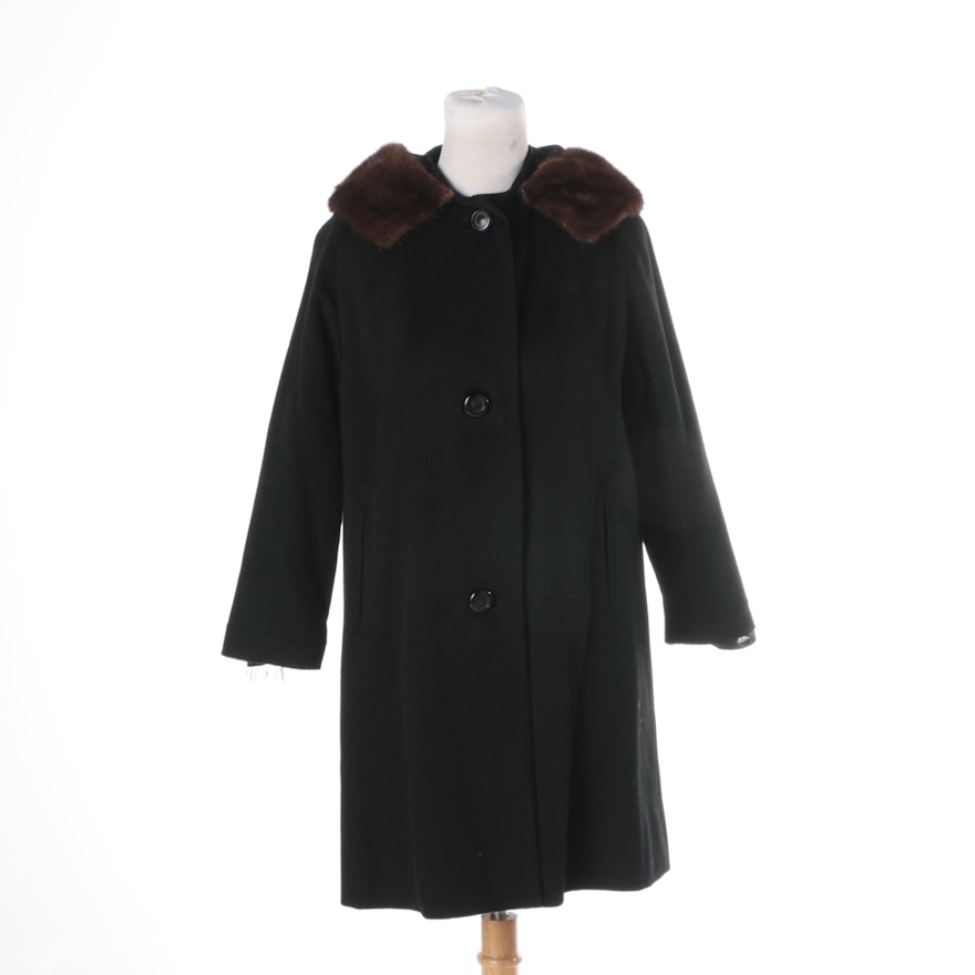 Women's Vintage Cosmopolitan Black Wool Coat with Mink Collar