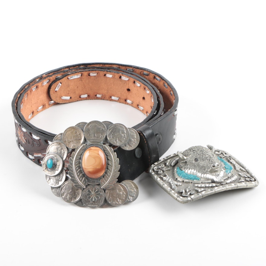 1930s Buffalo Nickel and Dyed Agate Belt Buckle and Leather Belt