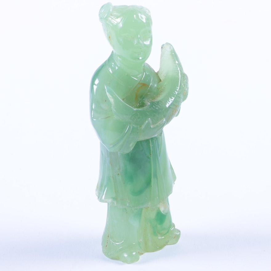 Chinese Green Glass Figurine of a Woman Holding a Fish