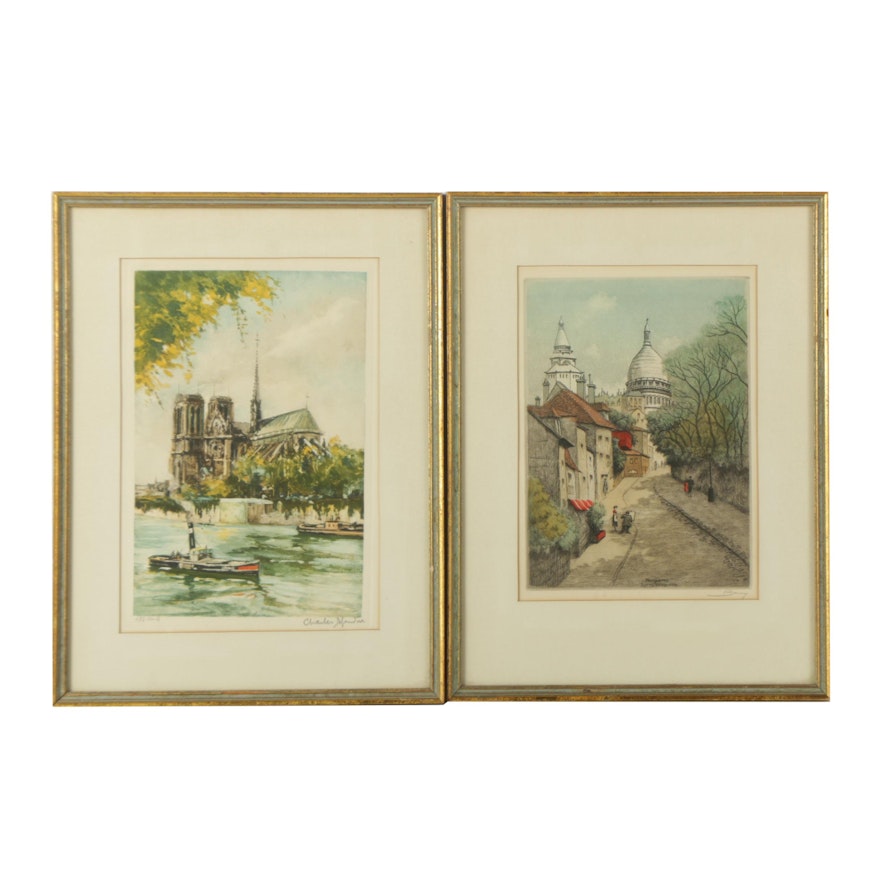 Hand-Colored Etchings of Parisian Architecture Including Charles Moudin