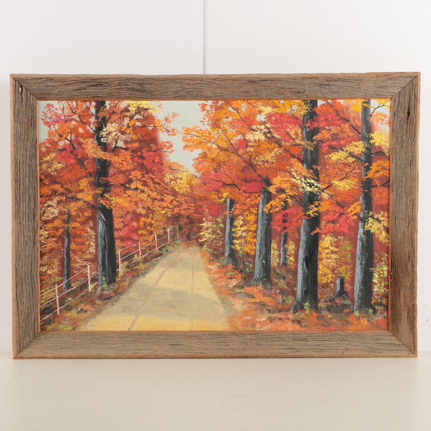 E. Foster Oil Painting on Canvas Board of Tree-Lined Lane in Autumn
