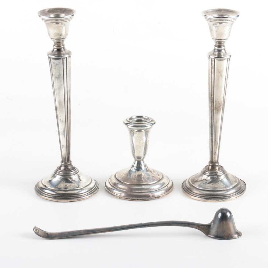 Cartier and Towle Weighted Sterling Candleholders with Silver-Plated Snuffer