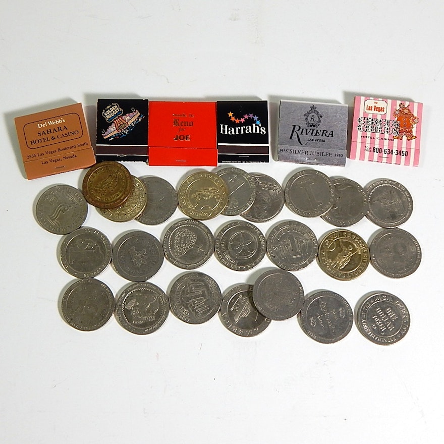 Vintage One Dollar Casino Tokens and Matchbooks