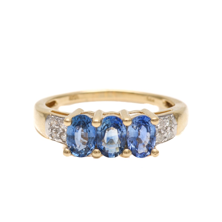 14K Yellow Gold Blue Sapphire and Diamond Ring