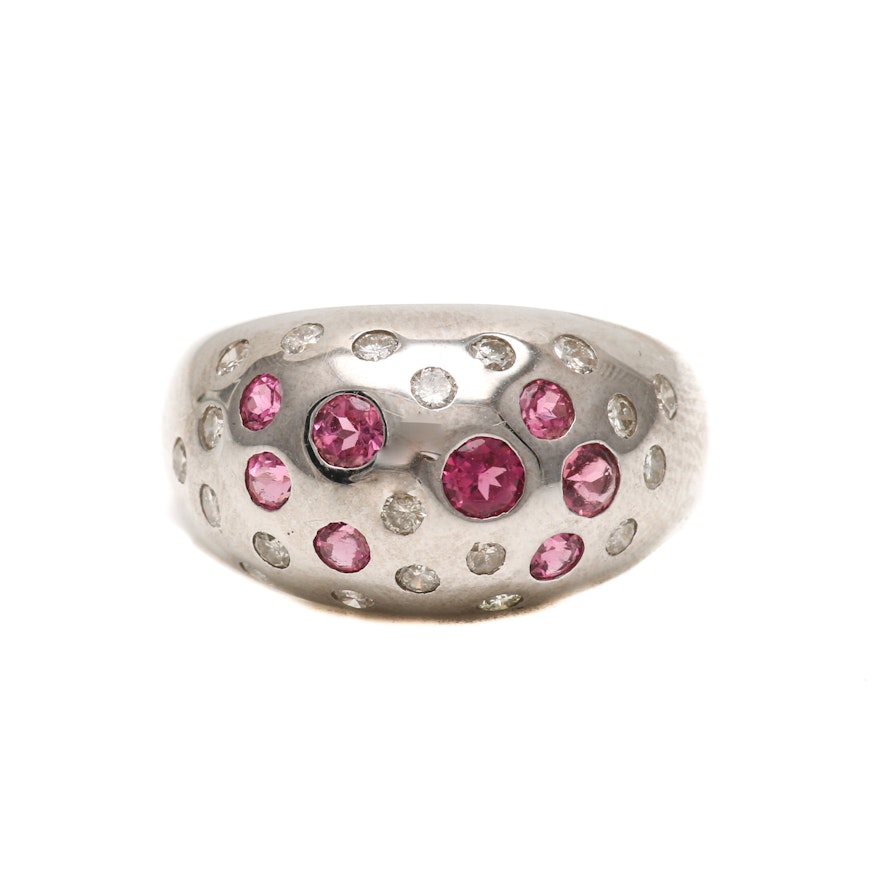 14K White Gold Pink Tourmaline and Diamond Dome Ring