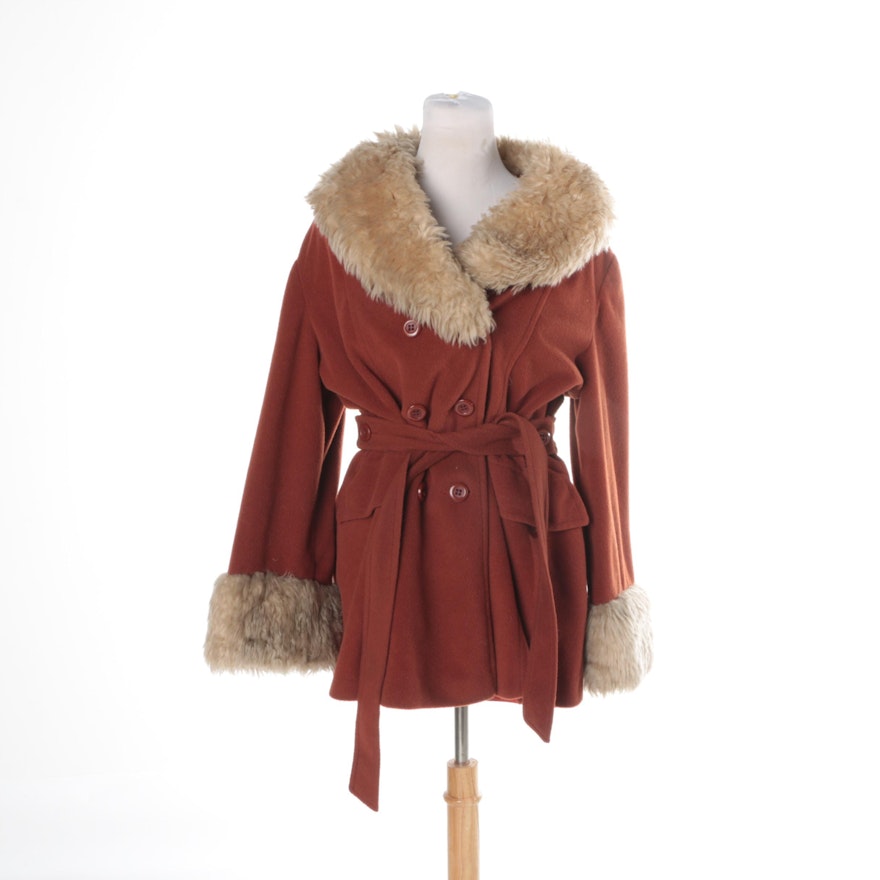 Women's Rust-Colored Wool Jacket with Faux Fur Collar