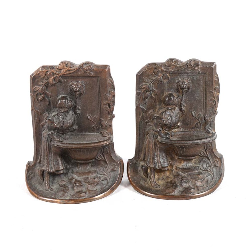 Vintage Cast Bronze "Maiden at the Fountain" Bookends