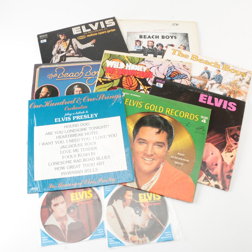 Assortment of Records Featuring Elvis and The Beach Boys