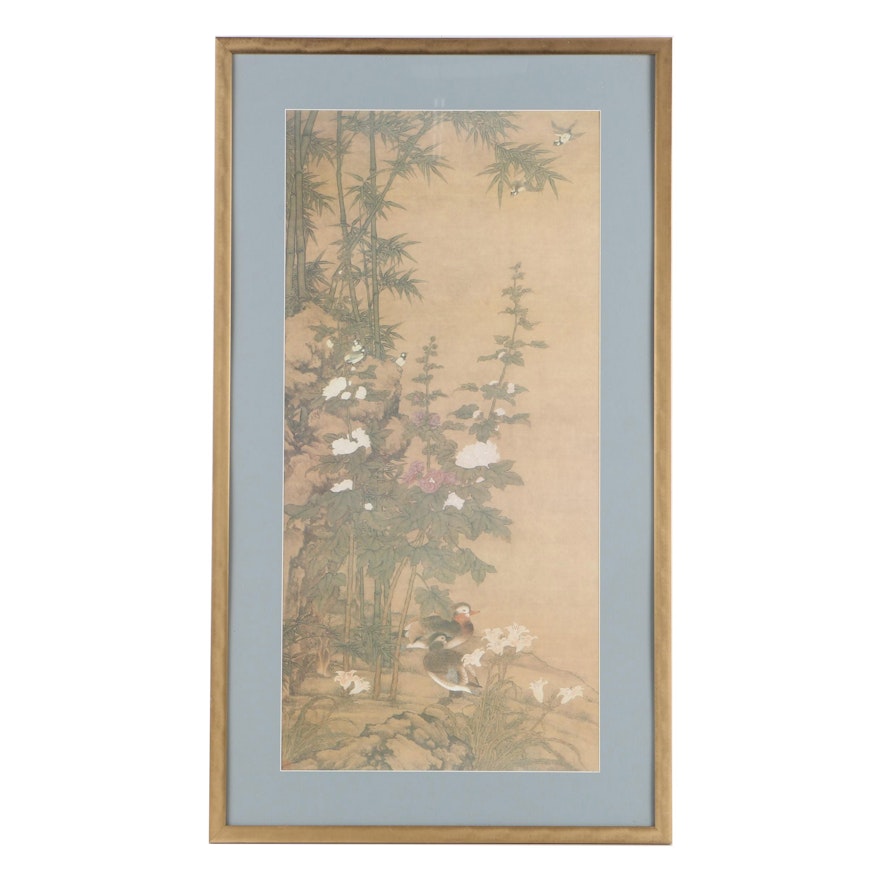 Offset Lithograph After Chinese Qing Dynasty Painting "Hollyhocks and Ducks"