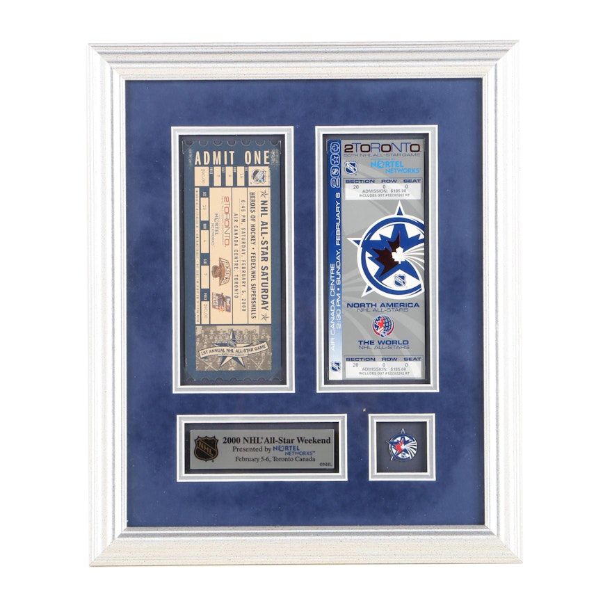 Framed Tickets and Pin for 2000 NHL All-Star Game