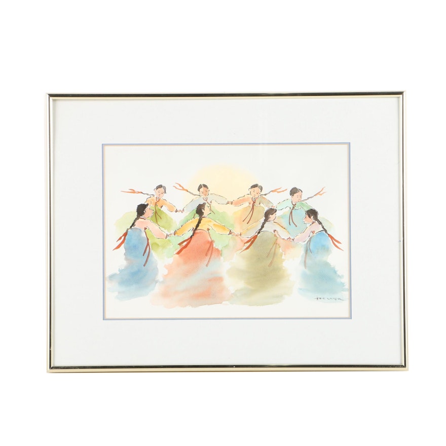 East Asian Style Watercolor Painting on Paper of Dancers