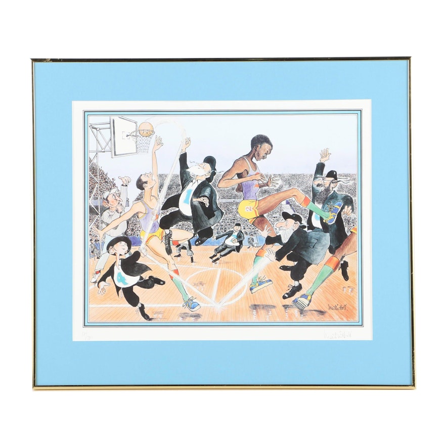 Martin Holt Limited Edition Offset Lithograph of Satirical Basketball Scene