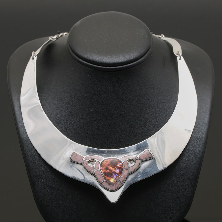 Sterling Silver Collar Necklace with Glass and Rhodonite Accent Gemstones