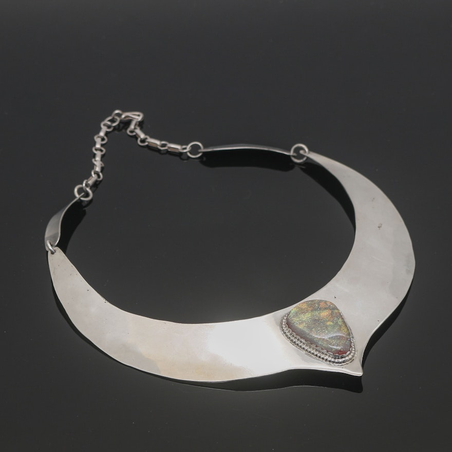 Sterling Silver Collar Necklace with Glass Accent Stone