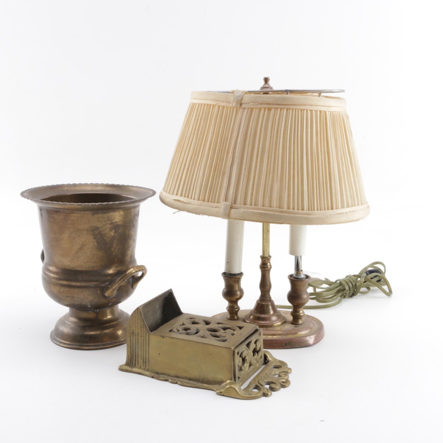 Gold Tone Lamp, Brass Vessel and Brass Decor
