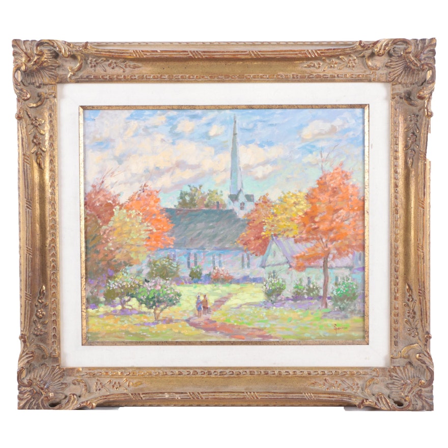 G. Thompson Oil Painting on Canvas of Church Steeple