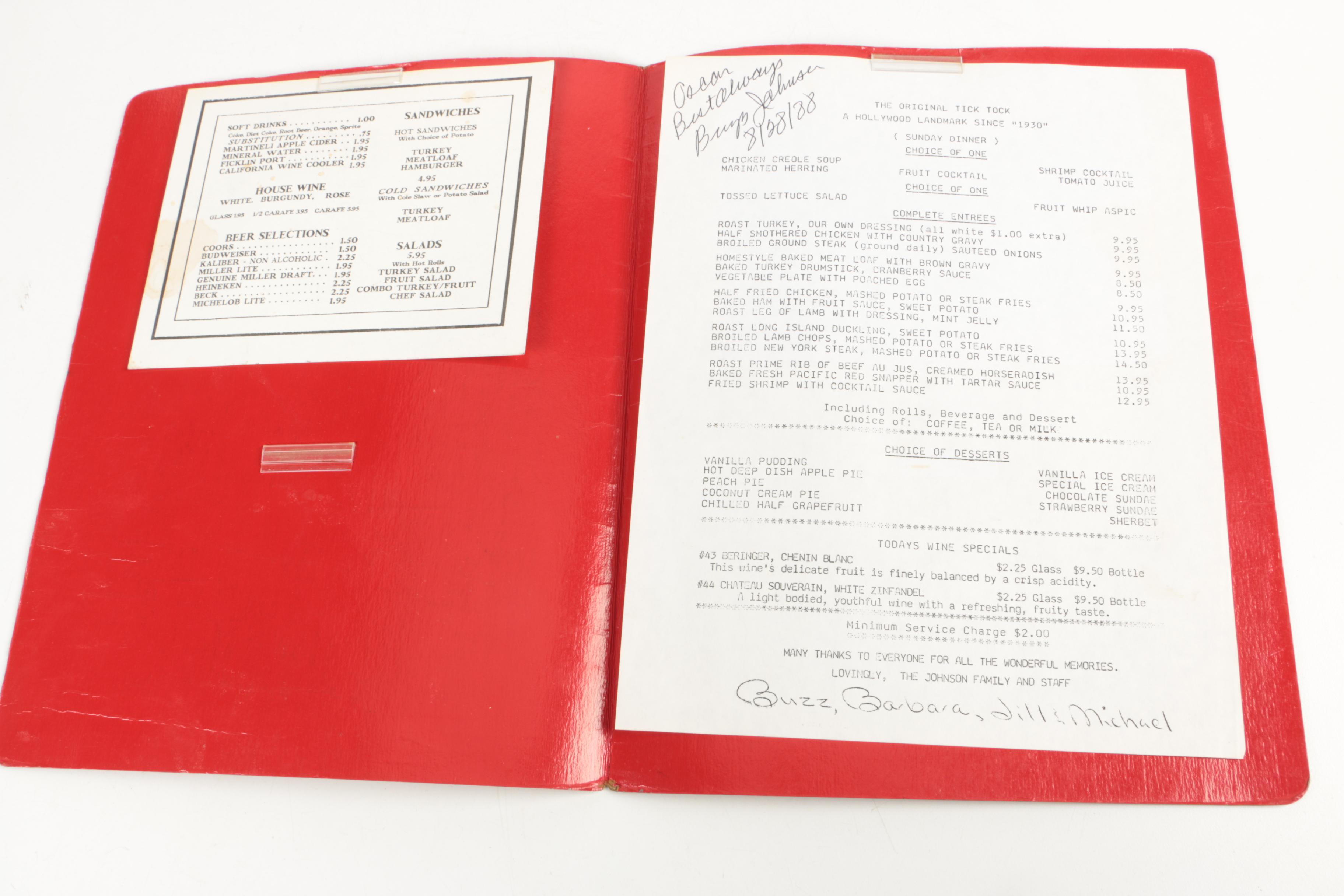 Vintage Los Angeles Johnson's Tick Tock Restaurant Menus