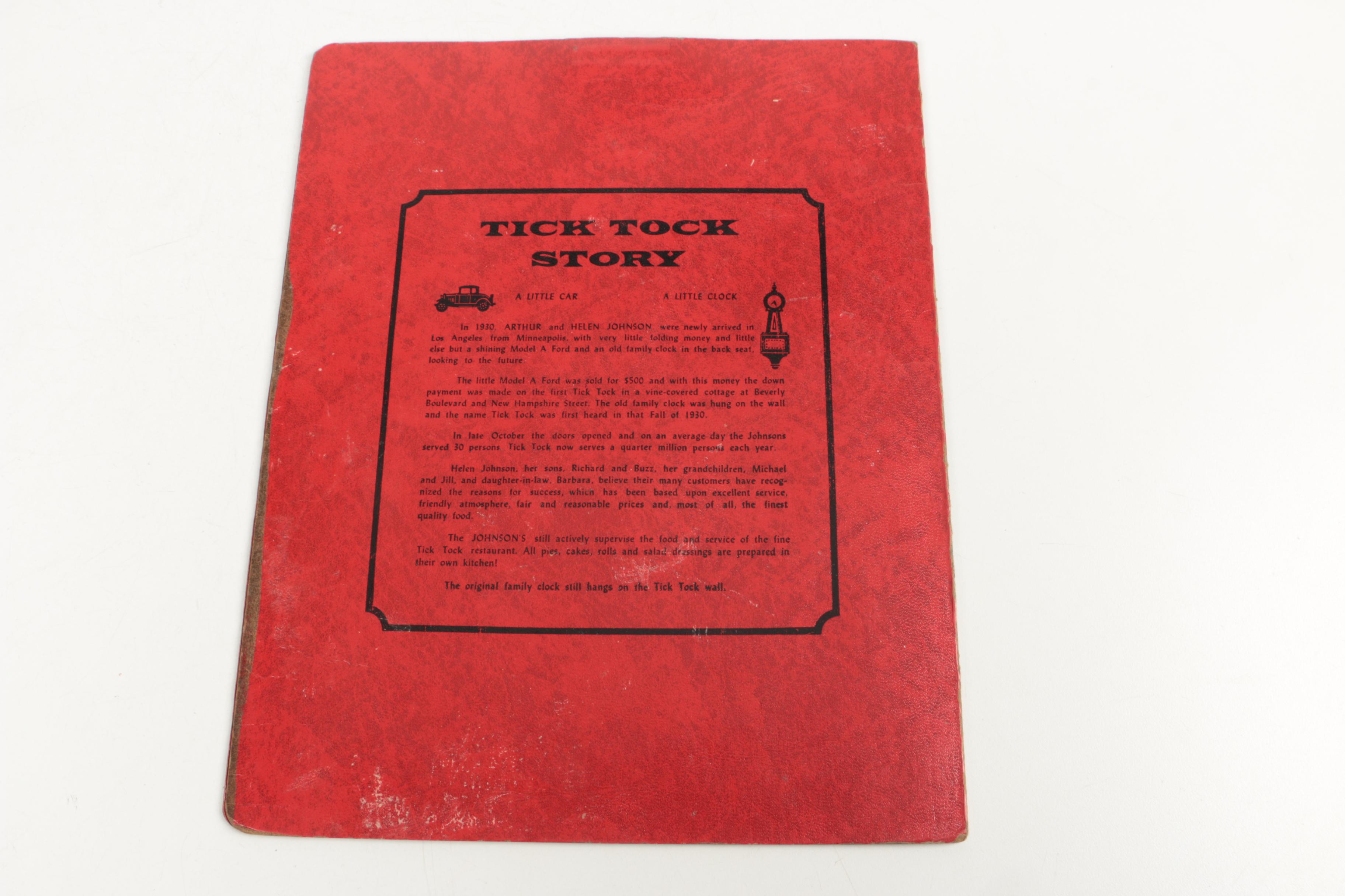 Vintage Los Angeles Johnson's Tick Tock Restaurant Menus
