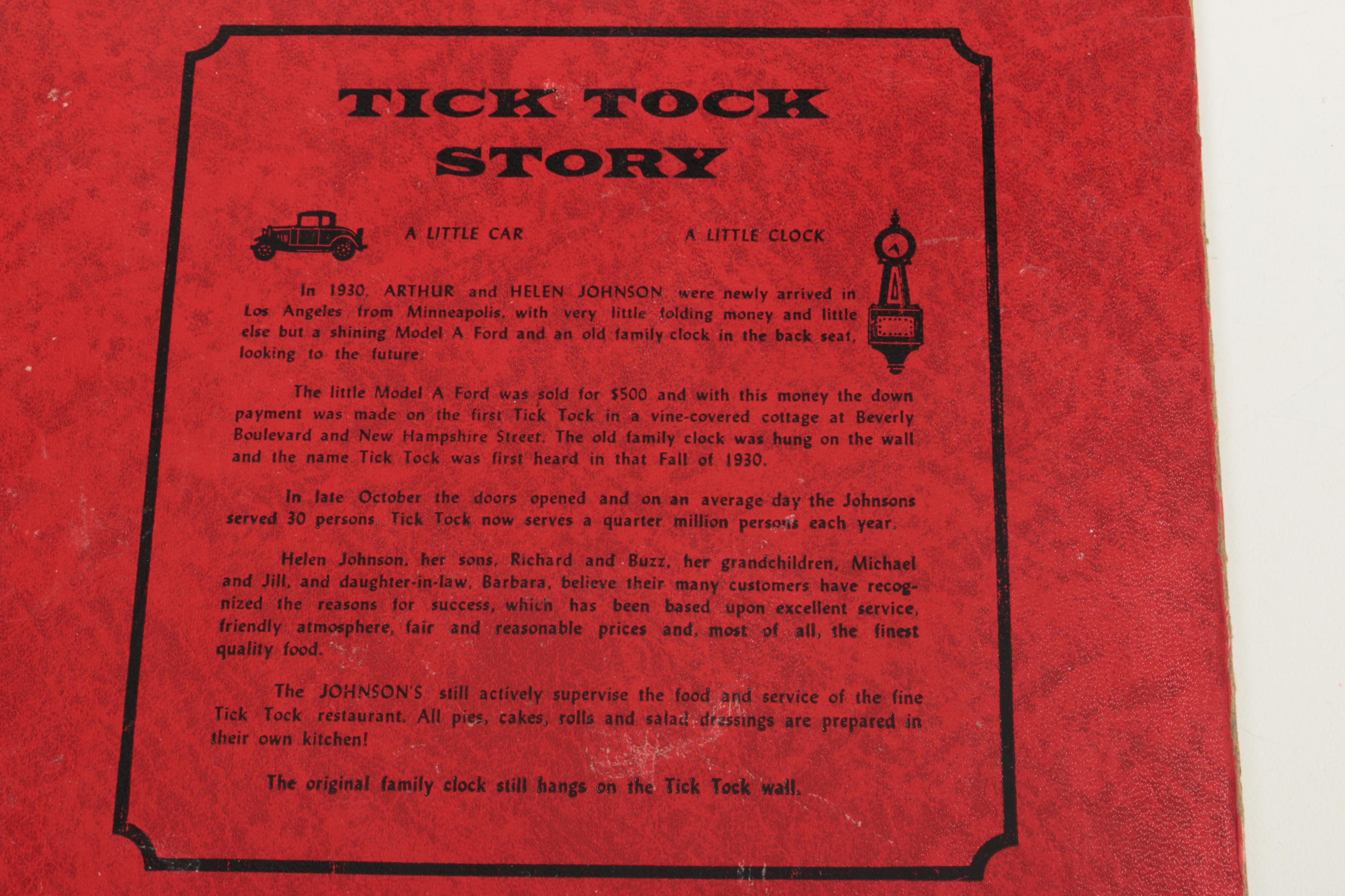 Vintage Los Angeles Johnson's Tick Tock Restaurant Menus