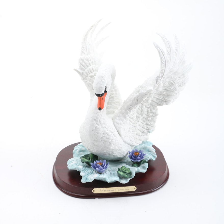 Porcelain Swan On Wooden Stand