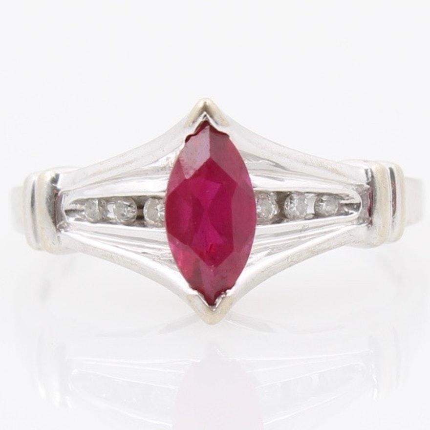 10K White Gold Synthetic Ruby and Diamond Ring