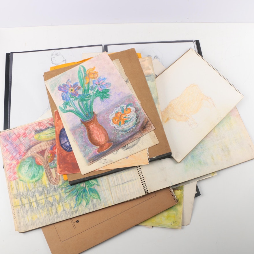 Collection of Portfolios and Sketch Books of Figure Drawings and Still Life Paintings