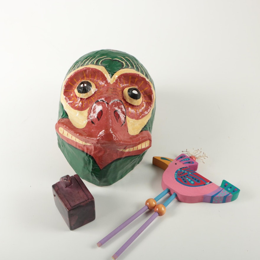 Papier-Mâché Monkey Mask with a Wooden Box and a Bird Figurine