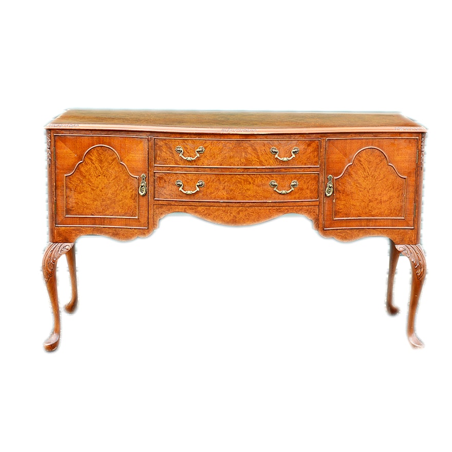 Queen Anne Style Burled Mahogany Sideboard Circa 1920