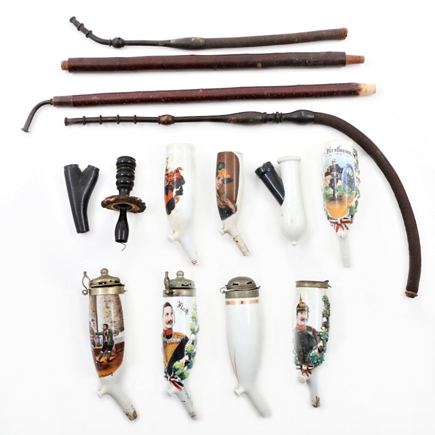 Assortment of Pipe Parts Including Porcelain Tyrolean Bowls